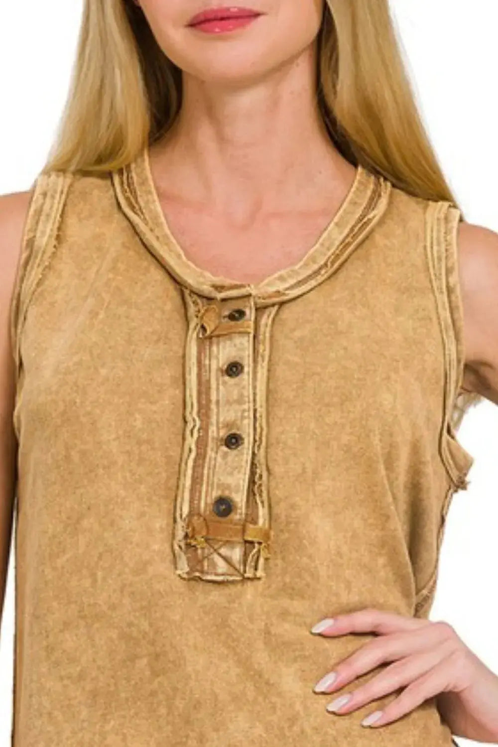 Zenana Washed Half-button Raw Edge Sleeveless Henley Top - Love Salve
